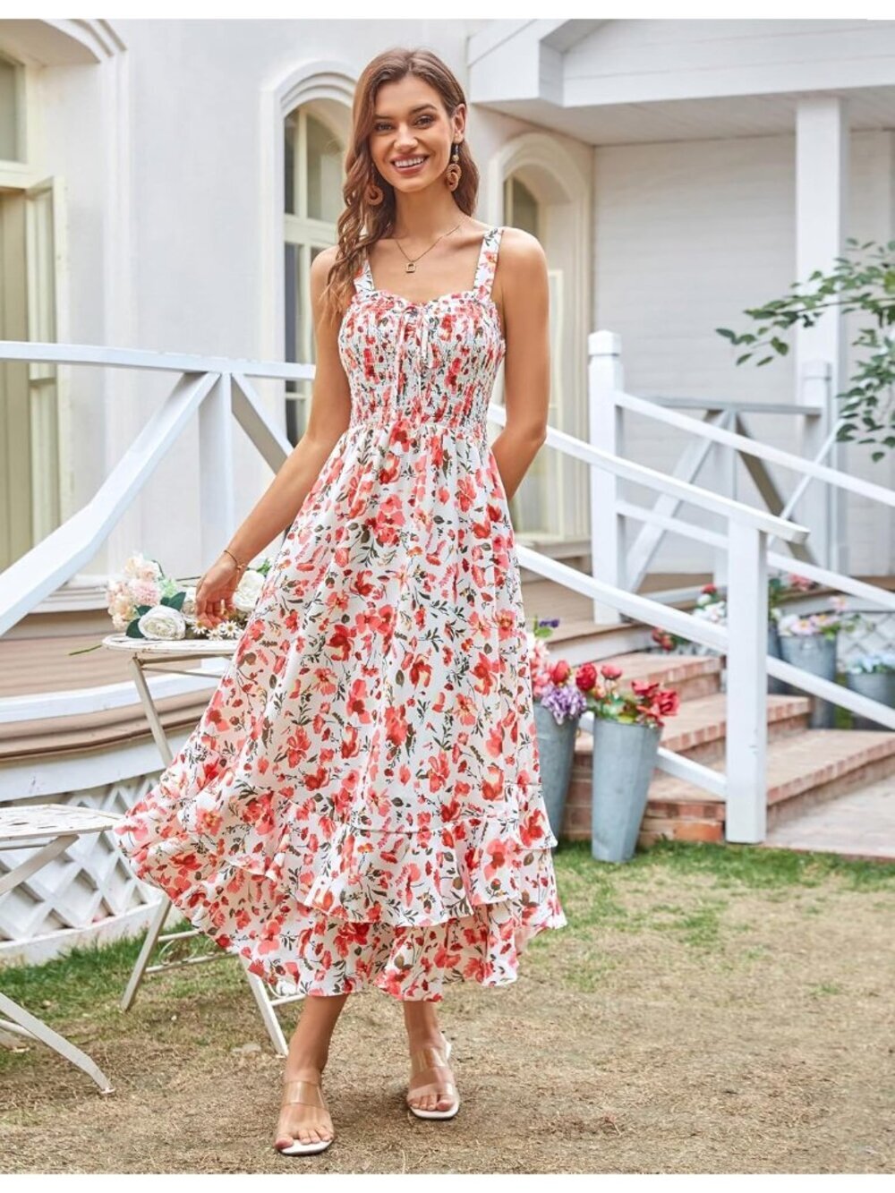 〽️Women's Pink Floral Square Neck Strapped A LINE Floral Boho Long Maxi Dress